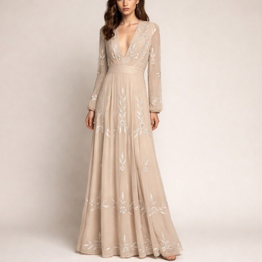 BHLDN Belize Maxi Dress Embroidered Beaded Long‎ Sleeve V-Neck Gown Wedding 8